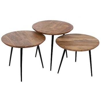 Juego de 3 mesas de centro biseladas de madera de acacia natural con estructura de metal y hierro, dimensiones 50 x 50 x 45 cm