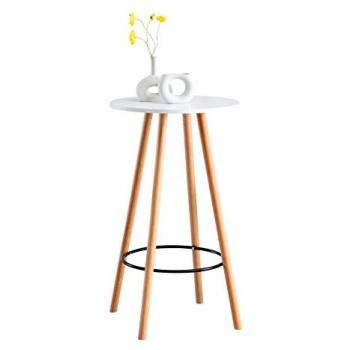 Mesa Alta Mijas Redonda Escandinava con Tablero Blanco y Base de Madera Natural