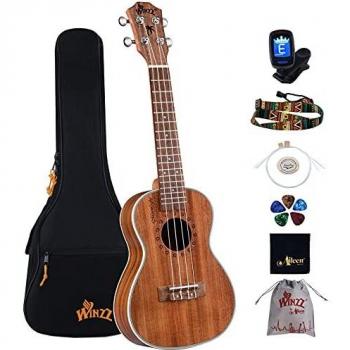 Winzz Concierto Ukelele 23 Pulgadas para Adultos Principiantes o Profesionales, Madera KOA Ukelele Kit con Accesorios - Mate Natural