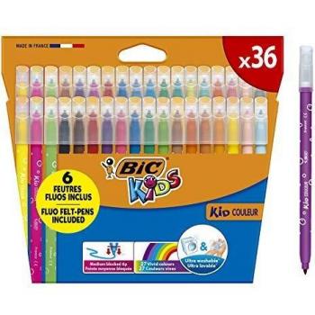 BIC Kids Kid Couleur Rotuladores para niños, Punta Media - Colores Surtidos, Estuche de 36 Unidades - rotuladores lavables ideal para actividades creativas en casa y colegio