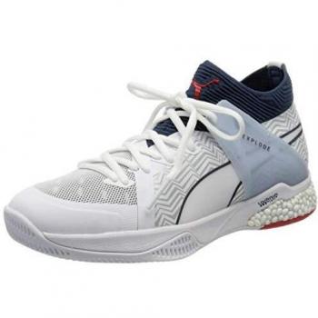 PUMA Explode Eh 1, Botas de fútbol Unisex-Adulto, Blanco White/Dark Denim/High Risk Red/Glacier Gray 01, 39 EU