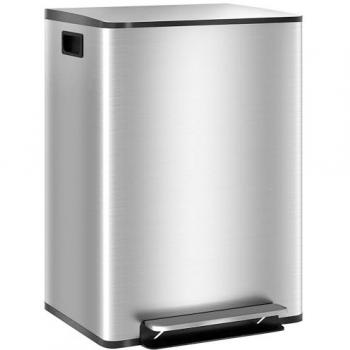 HOMCOM Cubo de Basura de Cocina con 2 Compartimentos 2x30L, Papelera de Acero Inoxidable con Pedal, Tapa de Cierre Suave y Cubo Extraíble, Plata