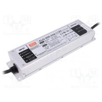 Transformador LED MEANWELL ELG-200-24B-3Y, 24V CC, 201.6W, 8.4A, Dimmable (1-10V/PWM), IP67