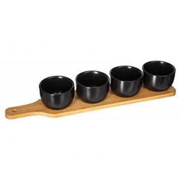 Set de Aperitivos 5 Piezas en Cérmica y Bambú - 4 Cuencos y Bandeja Negra