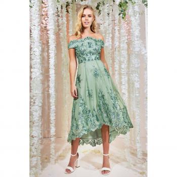 Goddiva Bardot Sequin & Lace High Low Midi Dress - Sage Green