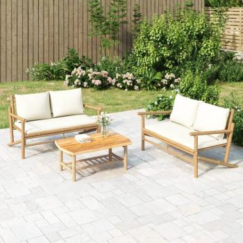 Banco de jardín de bambú con cojines crema y gris oscuro, conjunto de terraza, muebles de jardín exterior