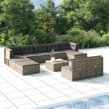 10-Piece Gray Poly Rattan Garden Lounge Set with Cushions