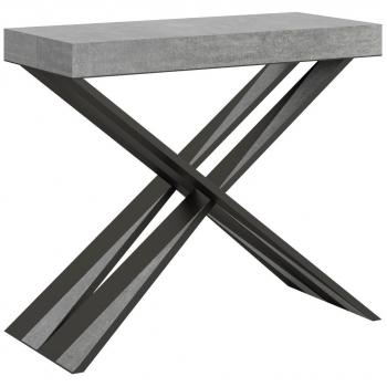 Consola extensible gris efecto hormigón con patas cruzadas de metal, 40 a 196 cm, incluye 3 alargaderas finas
