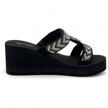 Sandalias de cuña de mujer con piedras en color negro