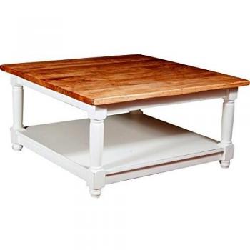 Mesita de Centro Country de Madera Maciza de Tilo con Armazón Blanco y Acabado Natural 90x90x45 cm - Hecho en Italia