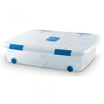 Caja de plástico transparente Tradineur de 16,7 x 75 x 55 cm con capacidad de 41 litros, contenedor de almacenamiento con tapa y ruedas