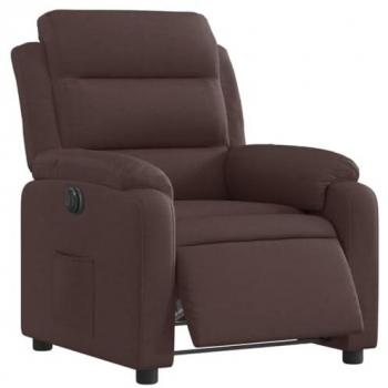 Sillón reclinable eléctrico de tela marrón oscuro con respaldo ajustable, reposabrazos y diseño orejero, ideal para personas mayores