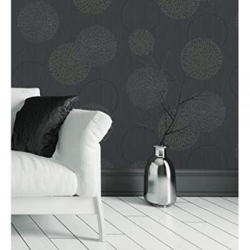 Papel Pintado Vinílico Gris Oscuro con Círculos y Flores Geométricas en Relieve - Rollo de 10 m x 0,53 m