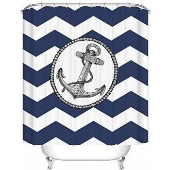 Anchor Stripe Fabric Bathroom Shower Curtain with 12 Hooks 60