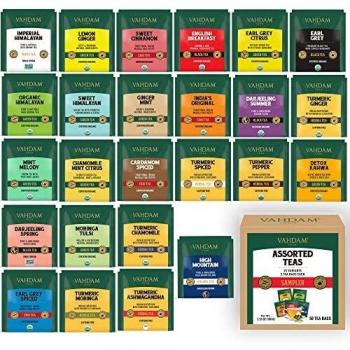 VAHDAM, Mejores Surtidos Té- 50 Bolsitas de Té | 2 Raciones de 25 Tés | El Mejor Te Negro, Te Verde, Te Oolong, Te de Cúrcuma, Te Blanco, Tisanas y Te Chai | Surtido te Infusiones Regalo