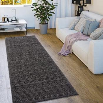 Alfombra Exterior Boho Escandinava Monocromo 80x250 cm, Antracita, Alta Durabilidad y Efecto Hoch-Tief