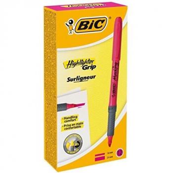 BIC Highlighter Grip Marcadores punta biselada Ajustable - Rosa, Caja de 12 unidades