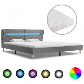 vidaXL Cama Matrimonio Luz LED Estructura Acero + Colchón Funda + Somier Láminas Cabecero Tapizada Tela 180x200 cm MDF Patas Madera Maciza Gris Claro