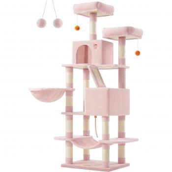 Rascador de gatos multinivel de 168 cm con 13 postes, 2 plataformas, cuevas, cesta, hamaca y pompón en color rosa