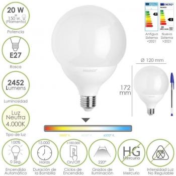 Bombilla LED Globo E27 20W - Equivalente a 150W, 2452 Lúmenes, Luz Neutra 4000K