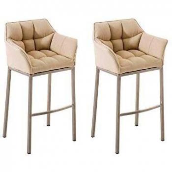 Set de 2 taburetes de bar Damaso en tela crema con base de acero inoxidable y respaldo