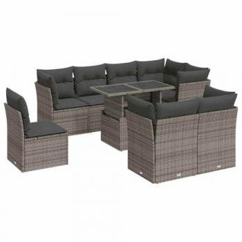 Set de sofás de jardín con cojines 9 pzas ratán sintético gris