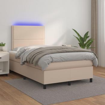 Cama box spring con colchón LED de cuero sintético cappuccino 120x200cm
