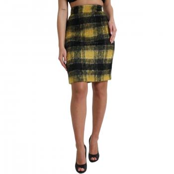 Dolce & Gabbana Yellow Black Brushed Checked Wool Pencil Skirt - IT40|S
