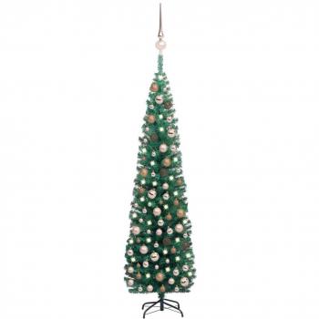 ?rbol de Navidad artificial estrecho con LED y bolas verde 240 cm