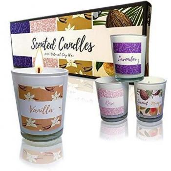 Velas Aromaticas Cera de Soja 100% Natural - Pack Juego de 4 Velas Perfumadas - Vela regalo, aromaterapia, cumpleaños, romanticas, meditacion, yoga, baño, navidad - Lavanda Rosas Vainilla Coco/Mango