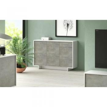 Aparador Aneto 3 Puertas y 1 Cajón, Buffet de Salón 100% Made in Italy, Blanco y Cemento, 134x35x87 cm