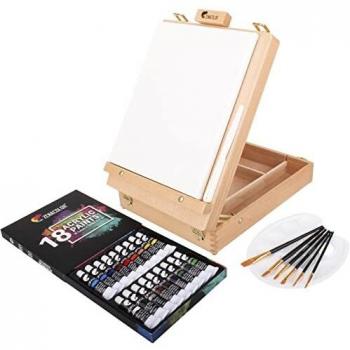 Zenacolor Maletin de Pinturas Acrilicas para Artista con Caja Caballete Pintura de Madera, 18 Tubos de Pintura Acrilica, 6 Pinceles Pintura - Lienzo para Pintar 24x30cm, Espátula y Paleta Pintura