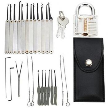 juego de ganzúas lock picking kit（24 ganzúa）Geepro Profi, Funda de Cuero + Candado Transparente, para Principiantes