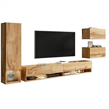 Conjunto de salón Sarasota 124 Wotan Roble con mesa de TV, partes separadas, aglomerado laminado, LED, 130 x 33 cm