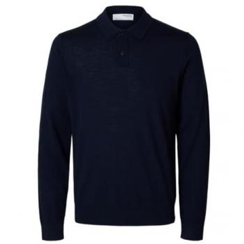 Selected Homme Merino Long Sleeve Polo Pullover Sweater in Navy Blue - Size S