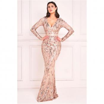 Goddiva Long Sleeve V Neck Sequin Maxi Dress - Champagne