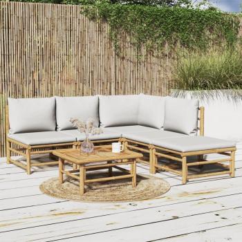 vidaXL 6-Piece Bamboo Garden Lounge Set with Light Grey Cushions
