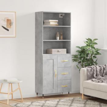 Aparador alto de madera contrachapada gris hormigón 69,5x34x180 cm con 1 puerta de madera y 3 cajones, mueble de almacenaje para salón, buffet y armario auxiliar