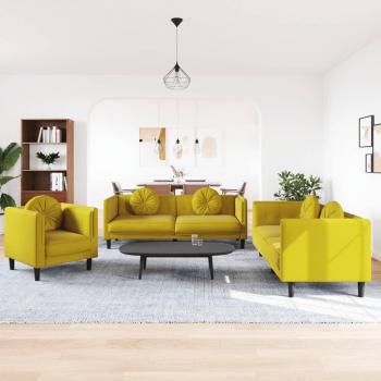 Sofá de 3 piezas con almohadas de terciopelo amarillo Vidaxl