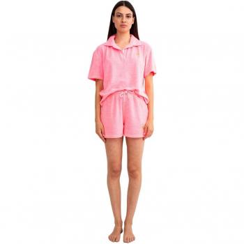 Polo de mujer Starlite liso de manga corta en rosa Mare con detalles bordados dorados en el pecho
