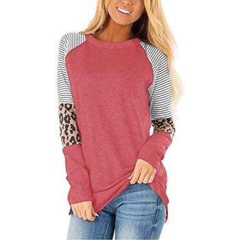 CNFIO Camisetas Mujer Manga Larga Leopardo Raya Cuello Redondo Blusas para Mujer Suelta Tops Mujer Fiesta rosa XL