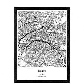 Póster Mapa de París - Francia, Lámina en Color Negro con Mares y Ríos, Tamaño A4 sin Marco