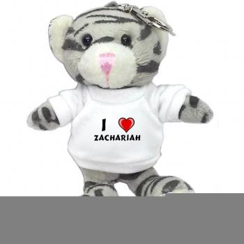 Gato gris de peluche (llavero) con Amo Zachariah en la camiseta (nombre de pila/apellido/apodo)
