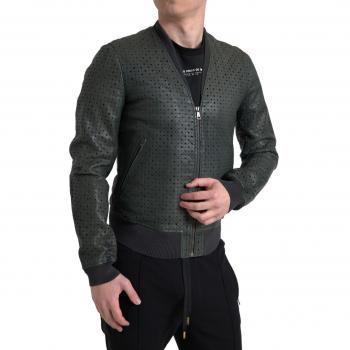 Green Perforated Leather Bomber Jacket - IT48 | M