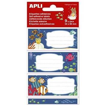 Etiquetas Adhesivas Escolares Fantasía Fondos Marinos - 9 Piezas, Tamaño 36 x 81 mm