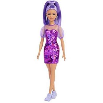 Barbie Fashionista Muñeca pequeña con pelo morado, vestido con estilo monocromático y accesorios de moda de juguete