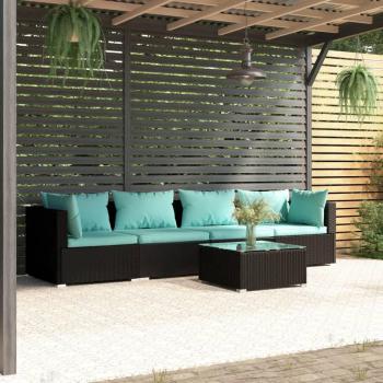 5-Piece Black Poly Rattan Garden Lounge Set with Cushions