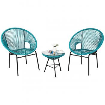 3-Piece Outdoor Acapulco Bistro Set with Glass Table - Blue Plastic Round Patio Furniture