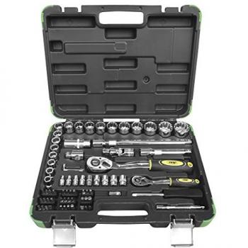 Caja de herramientas JBM 53074 - Estuche con 74 piezas, vasos de 12 caras cromados y galvanizados