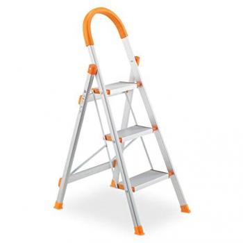 Escalera Plegable de Aluminio Relaxdays, 3 Peldaños, Antideslizante, Soporta hasta 150 kg, Plateado/Naranja
